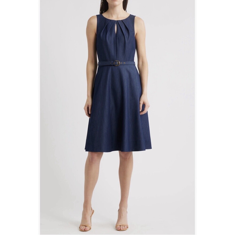 Tahari ASL Sleeveless Fit Flare Belted Dark Denim Like Dress Size 12